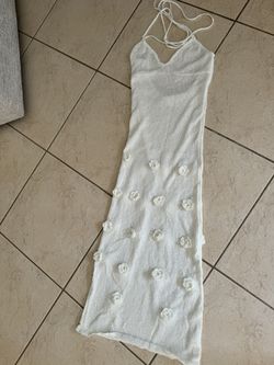 White Knit Maxi Dress With Flower Detail
