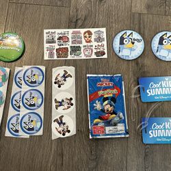 Bundle of Disney Stickers, Bluey Buttons, Luggage Tags 