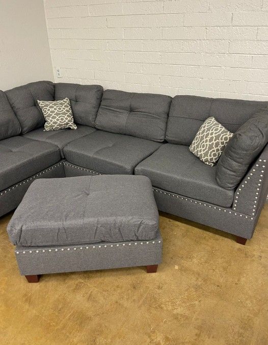 Brand New Grey Linen Sectional Sofa +Ottoman (New In Box)