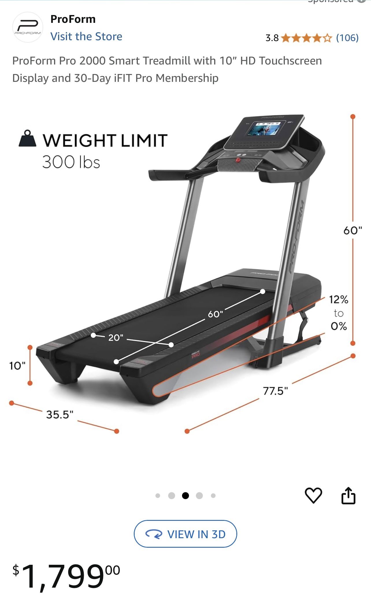 ProForm Pro 2000 Smart Treadmill with 10” HD Touchscreen Display