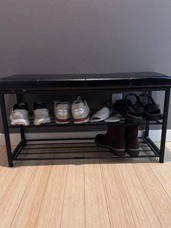 Black Entryway Shoe Bench with Storage Rack