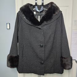 Vintage Jean Pierre French Coat Mink Fur Collar Black Brocade Womens XL