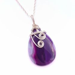 Purple agate wire wrapped teardrop stone on sterling silver necklace new handmade 