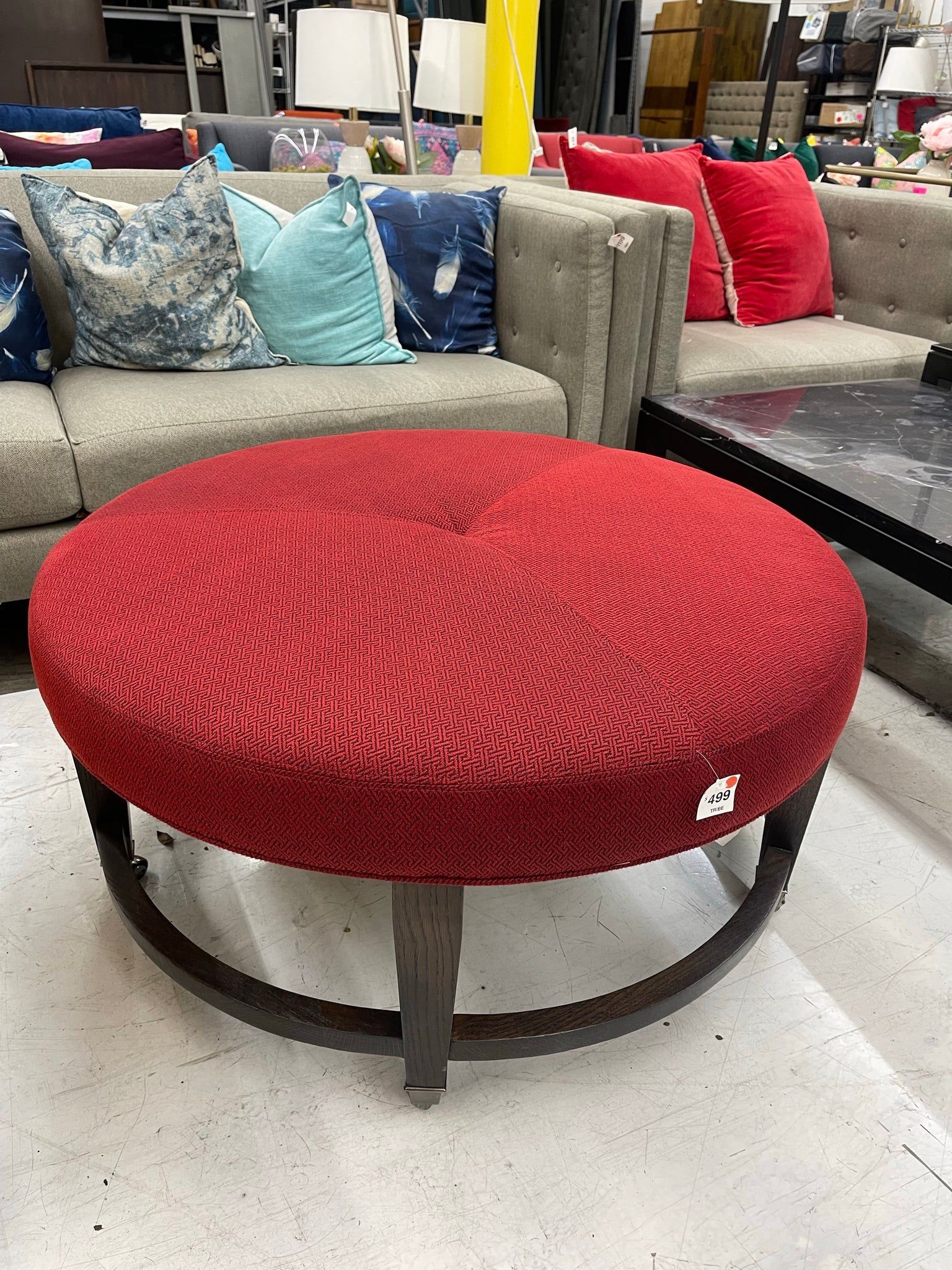 Crate & Barrel Ainsley Round Red Cocktail Ottoman on Wheels