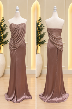Mocha Satin Strapless Draped Maxi Dress