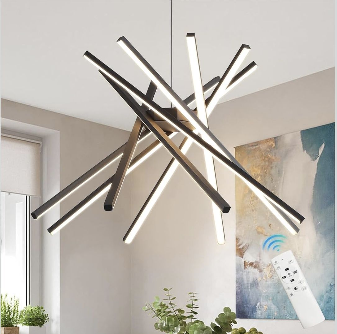 New 28.3” W Black Sputnik Chandelier with Remote Control, 80W 3-Color Temperature Dimmable LED