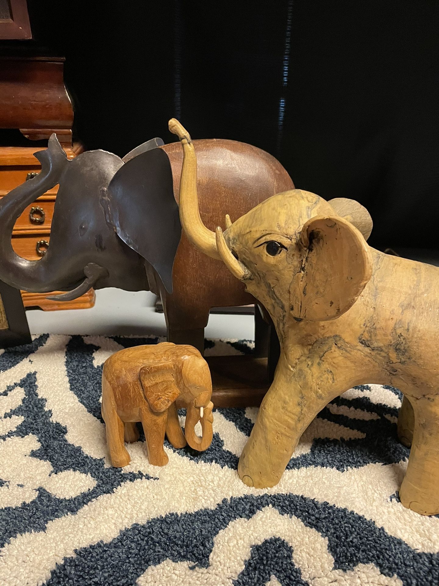 Elephant Embellished Picture, Elephant Collection Of 2 Large Elephants, 1 Smaller Wooden Carved Elephant And Table Top Interesting Pic Book Of Africa