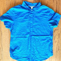 LL Bean Women's Textured Cotton Popover Shirt, Short-Sleeve Plaid  Size L / Large