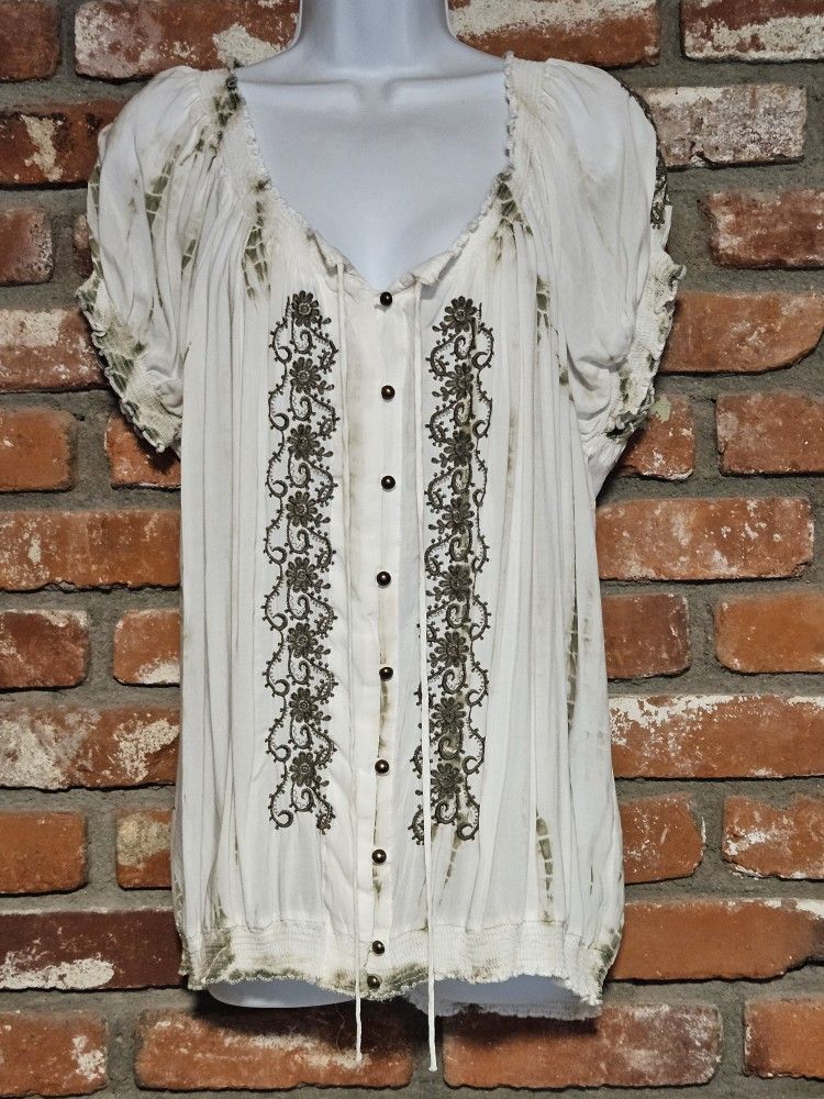Fever Embroidered Bohemian Tunic Top Puff Cap Sleeves  XL