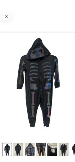 Kids Black Holographic Skeleton One-Piece Hooded Halloween costume jumpsuit-6-8Y