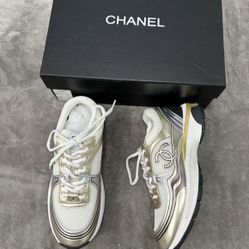 Chanel Fabric Laminated Calfskin Stretch CC Sneakers Gold And Silver 