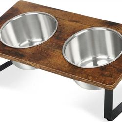Wood Elevated Dog Bowl Stand with 2 Stainless Steel Bowls, 3″ Tilted Design