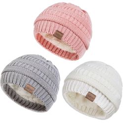 3 Pack Baby Beanie Hats for Girls Boys, Soft Warm Fleece Lined Baby Winter Hat for Newborn Infant Toddler Kids