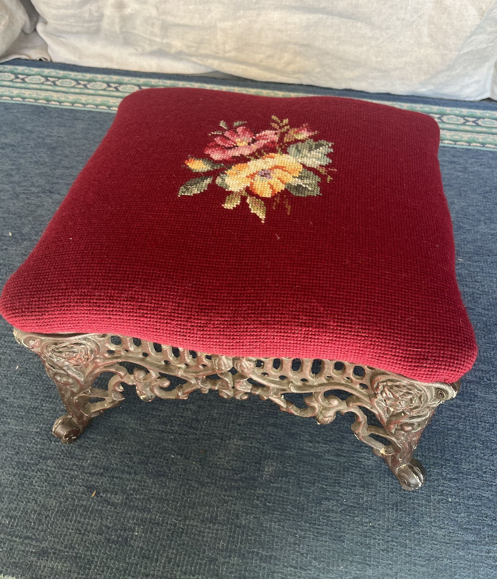 Antique Cast Iron Foot Stool with Needlepoint Floral Design 1960s