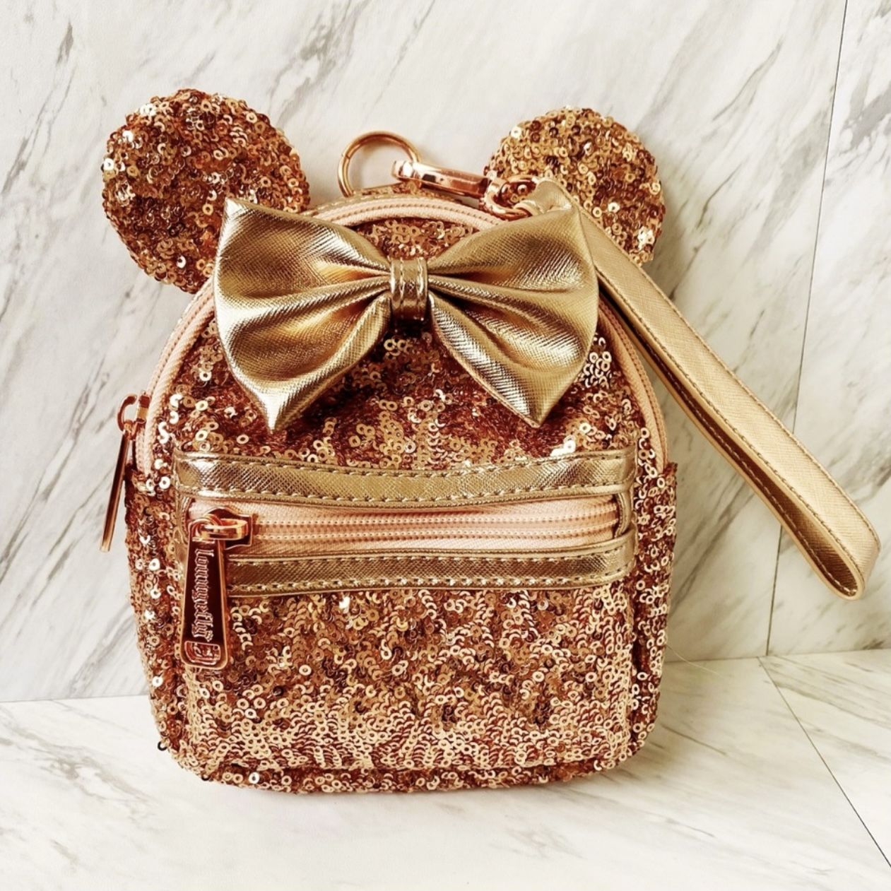 Disney Loungefly Rose Gold Sequin Mini Backpack Wristlet