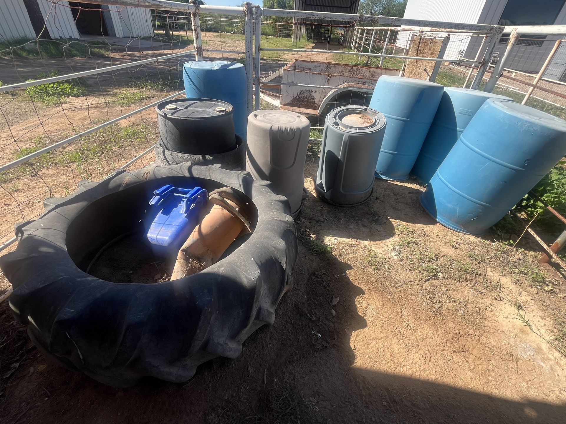 Blue Barrels, Horse Feeders & Tractor Tire 
