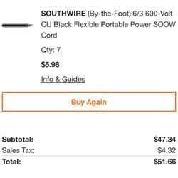 7 Feet. 6/3 Cord. 600v 55amps