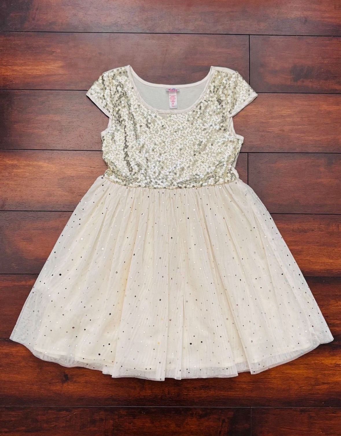 Little Girls Clothes Justice Sparkle Tulle Sequin White Cream Special Occasion Party Dress Size 8 Fits 7/8 Great For The Holidays And Christmas