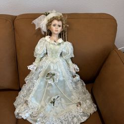 Vintage Porcelain Doll - Mint Green Victorian Dress (As-Is)