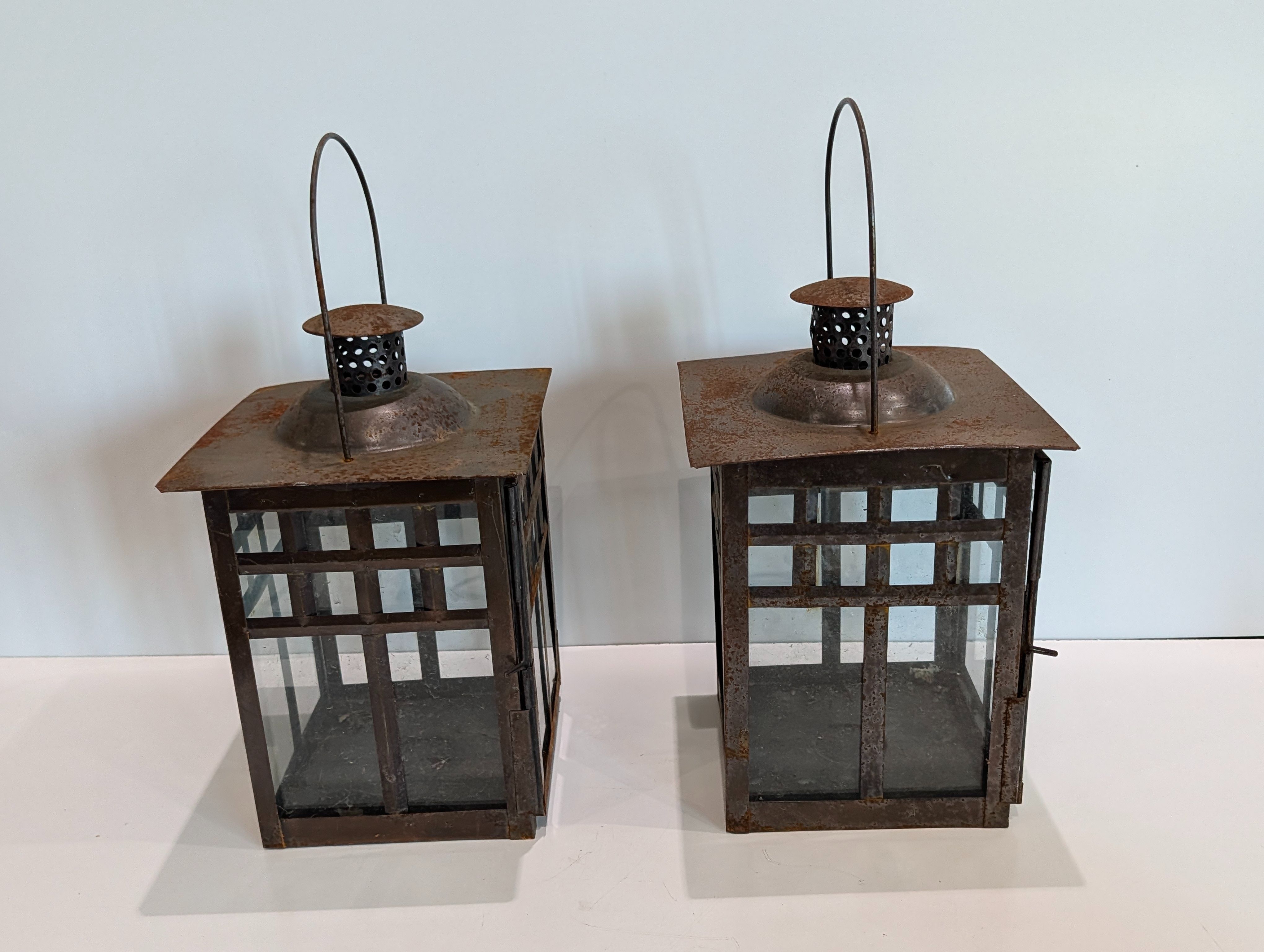Vintage Rustic Metal Lantern Candle Holders Set Of 2 Farmhouse Decor ...
