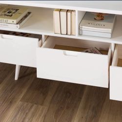 New White Solid Wood Mid Century Modern TV Stand Entertainment Center with Storage Drawers 