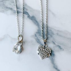 Two silver Tone necklaces with white crystals/faux diamonds