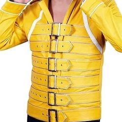 Mens MJ Star Rock Pop Singer Concert Belted Costume Yellow Leather Jacket 2XS
