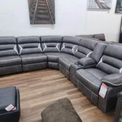 New Dark Gray Faux Leather Power Reclining Sectional Sofa Couch 