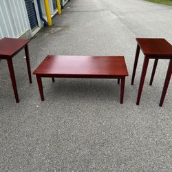 Wooden Coffee Table And End Tables  Coffee Table  46 1/2” long  24 1/2” deep  18” tall  End Tables  15” wide  24 1/2” deep  28 1/2” tall 