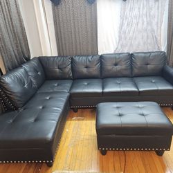 3 Piece Black Faux Leather Sectional Sofa with Ottoman 