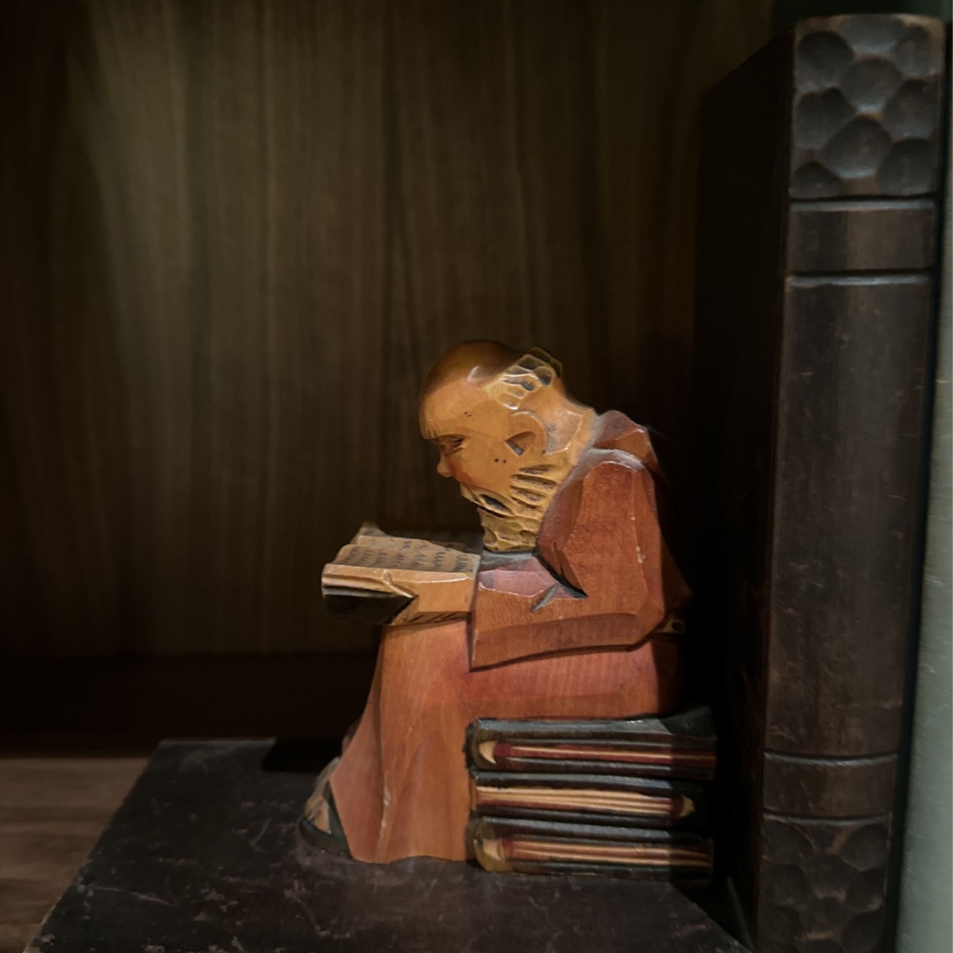 Vintage Pair of Hand-carved Wood Monks or Priests Reading Bookends