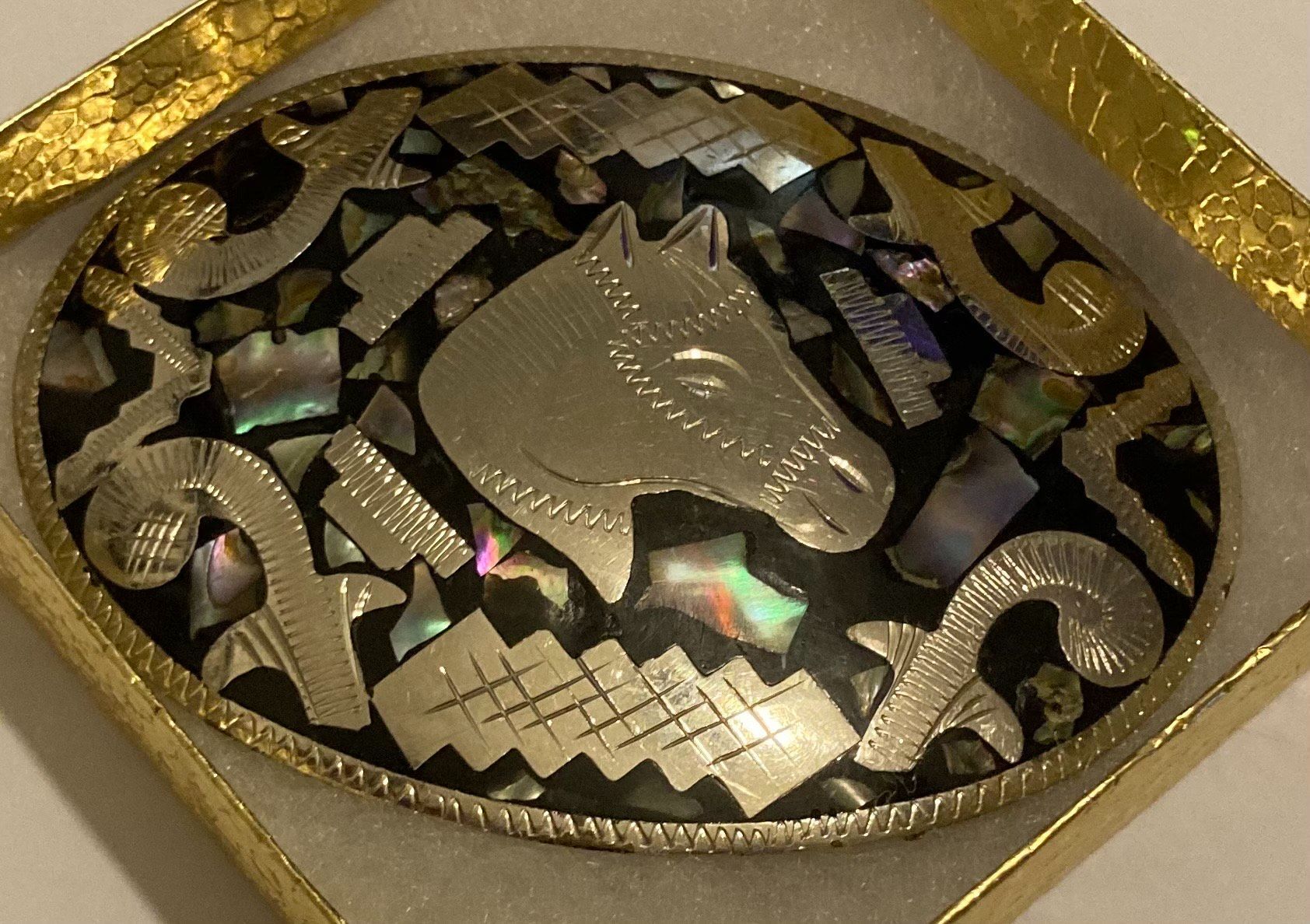 Vintage Metal Belt Buckle, Alpaca Silver and Abalone Design, Nice Horse Head, Nice Design, 3 3/4" x 2 3/4", Heavy Duty, Quality, Thick Metal, For Belt