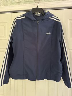 ADIDAS: Women’s FITTED, HOODED TRACK SUIT Jacket, Navy Blue, White Stripes, Lrg, Excellent 