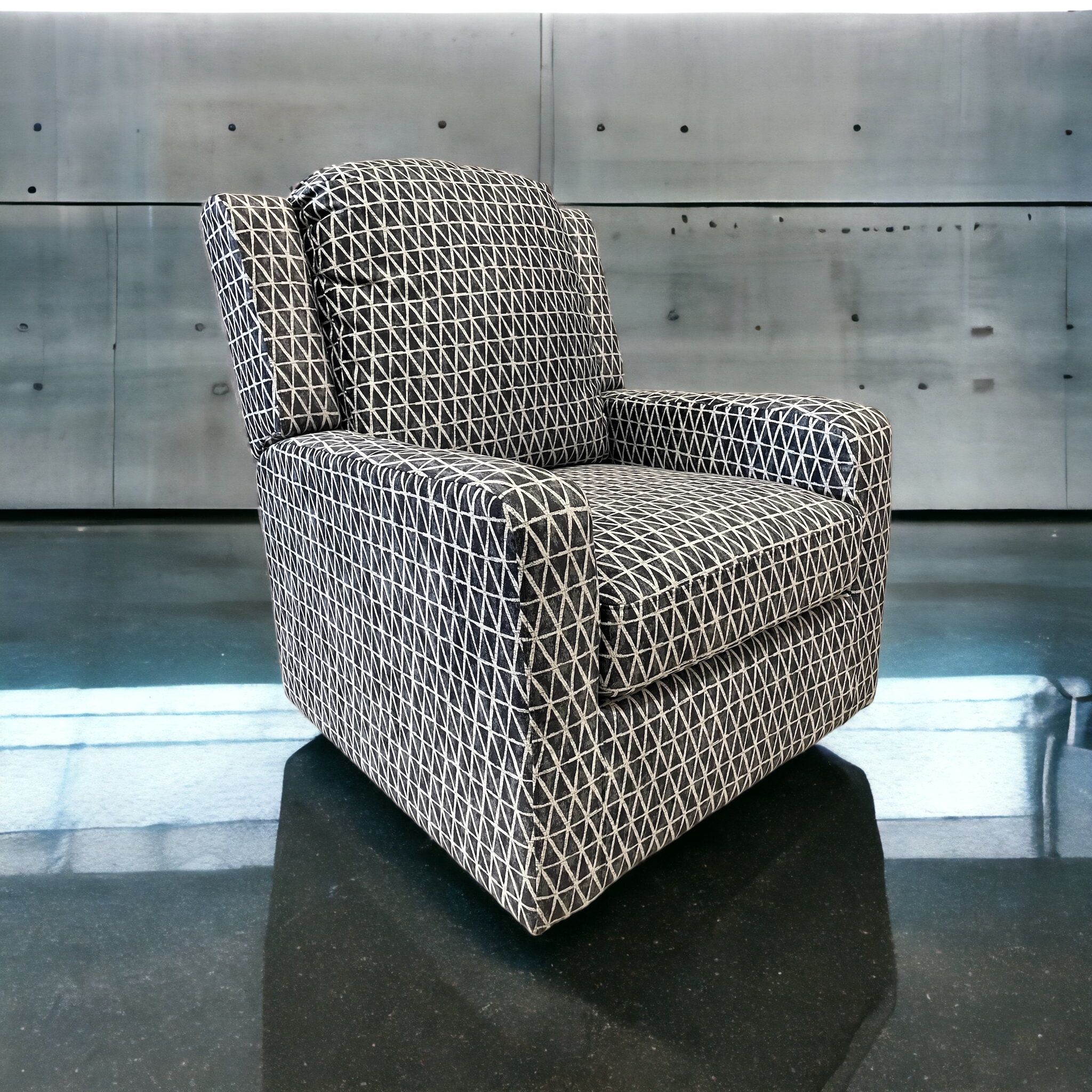 WAREHOUSE CLEARANCE | Easley Fabric Swivel Glider Chair, Black Geometric Print