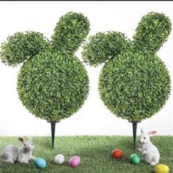 2 Pack 23.6" Easter Artificial Bunny Shaped Topiary Tree with Ground Spike UV Resistant Faux