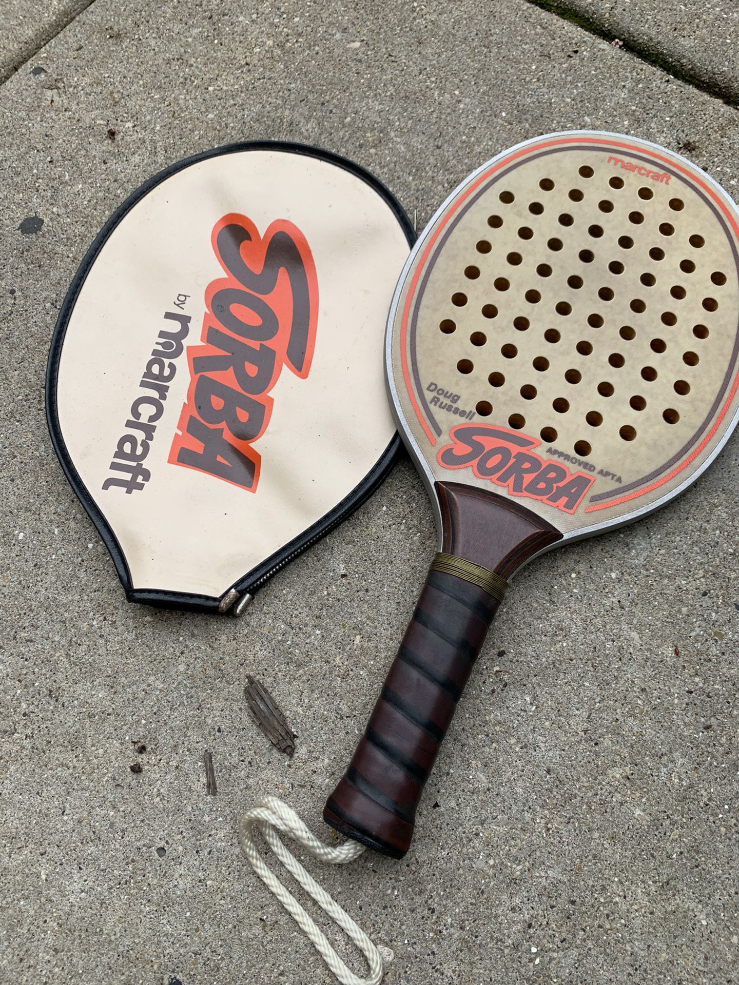 Authentic Sorba tennis paddle racket by Marcraft for Doug Russell made in the USA with matching case