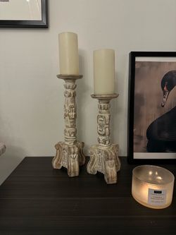 Carved Wood Pillar Candle Holders – Set of 2