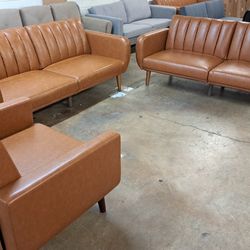 New 2 Modern Futon With 1 Accent Chair Faux Leather Camel See Pictures For Dimensions 