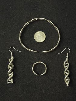 Sterling Silver DNA Double Helix Earrings with Bracelet and Ring Set