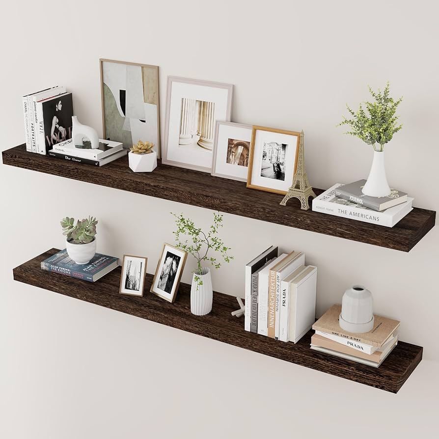Wood Floating Shelves for Wall Set of 2, 48 Inch Wide Rustic Wooden Floating Shelves, Invisible Wall Mounted Display for Living Room Bedroom Kitchen B
