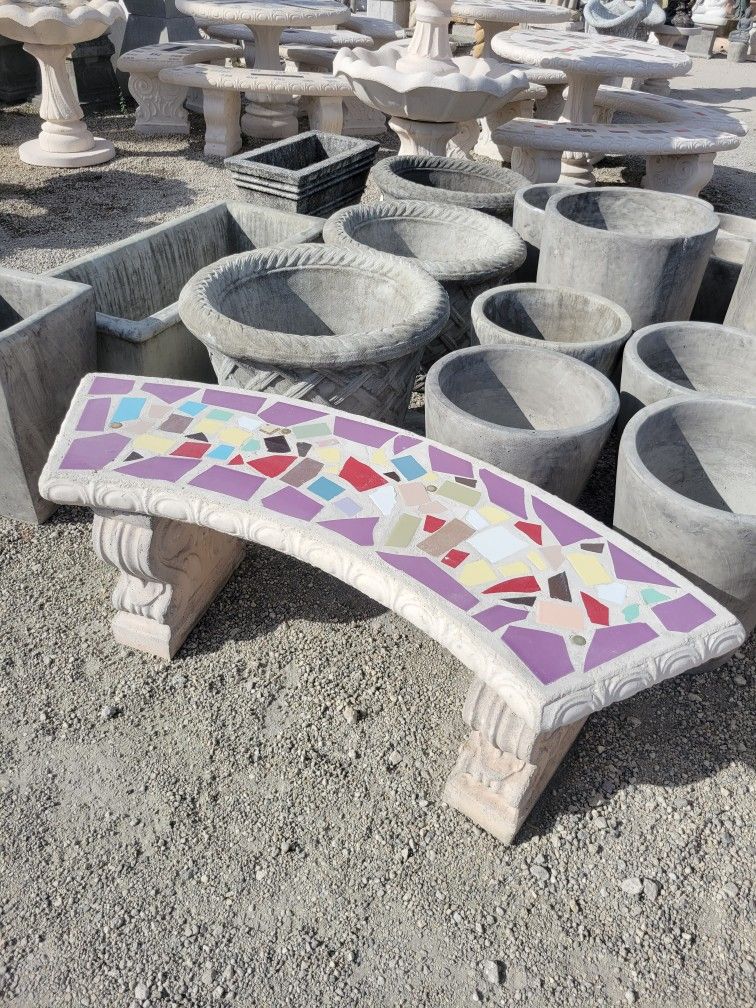 Concrete Mosaic Tile Inlay Curved Benches / Cement Garden Patio Bench / Outdoor Patio Furniture