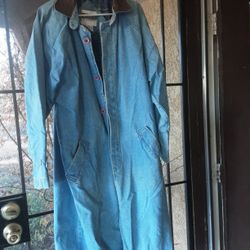 Vintage LONG Duster Men's Jean Jacket With Leather Collar. Size Medium. 