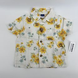 Old Navy Boys Button Up Top Infant Toddler Linen Blend White Floral Print Shirt