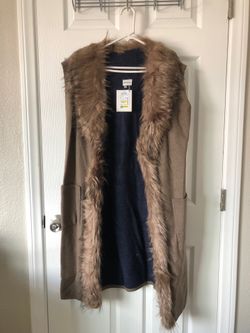 Sioni Studio Women's S/M Faux Fur Trim Long Sweater Vest Open Coat +Pockets