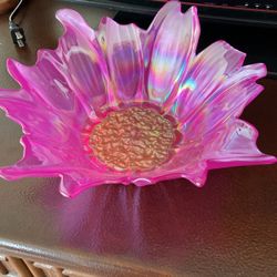 Akcam Turkish Opalescent Fusha Dark Pink Glass Large Floral Bowl 8.5" NEW