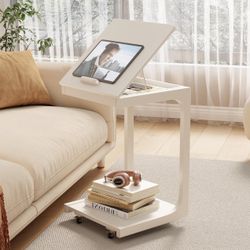 C Shaped End Table for Couch, C Table with Wheels, Wooden Couch Table Adjustable Desktop for Living Room,Bedroom（Cream White)
