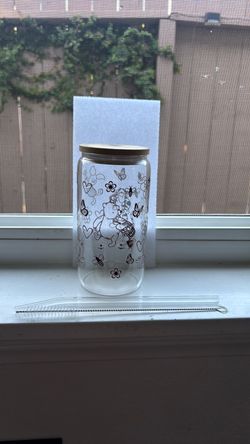 Winnie the Pooh Glass Can Cup with Lid and Straw