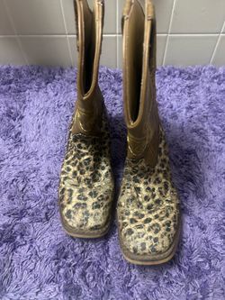 ROPER GIRL'S BROWN AND LEOPARD WITH GOLD GLITTER WIDE SQUARE TOE COWBOY BOOTS SZ 3