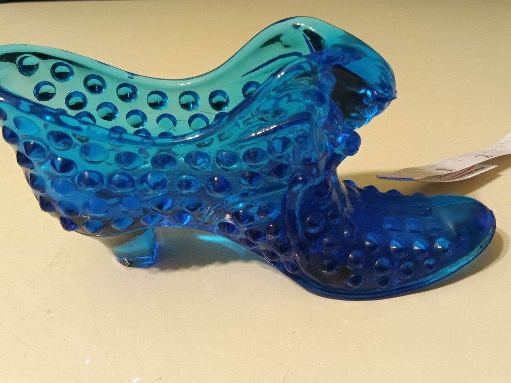 Vintage Fenton Blue  Glass Hobnail  Cat's head Shoe 6x2 And 1/2 In
