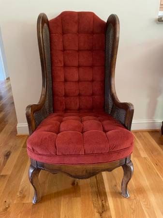 Vintage tufted highback cane side wing arm chair with wood frame - $279